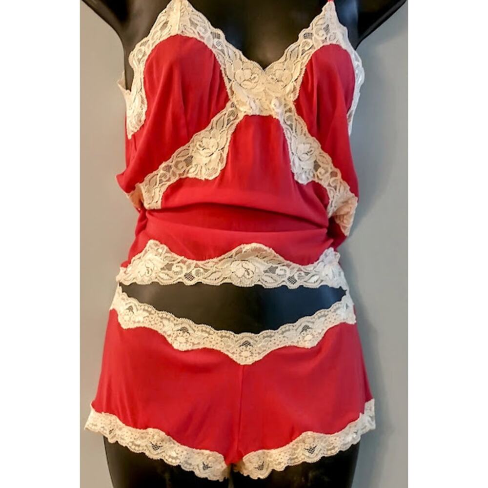Mary Green Camisole & Boy Short Sheer Red & Beige Lace NWT Large Valentine's Day